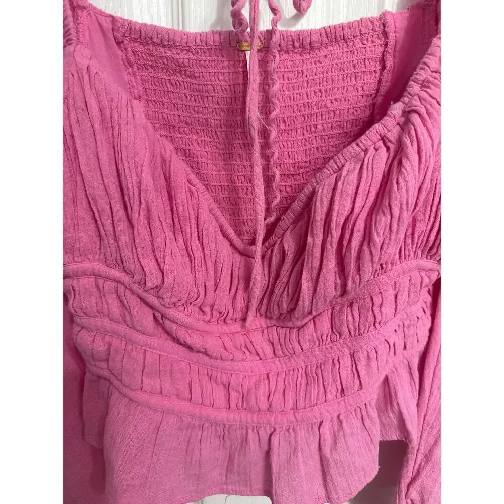 Free People Chole Cropped Top Blouse Ruffle Puffed Sleeves Smocked Pink Medium
